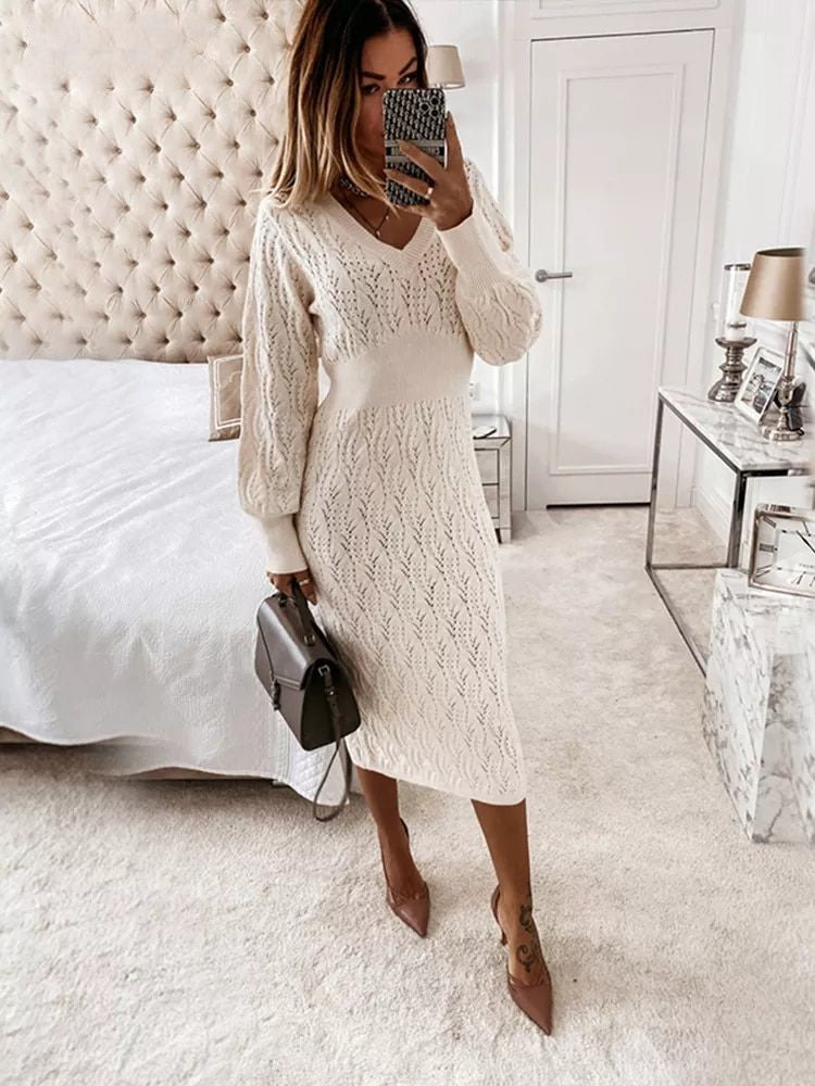 Kayla™ Langärmeliges Strickkleid mit V-Ausschnitt