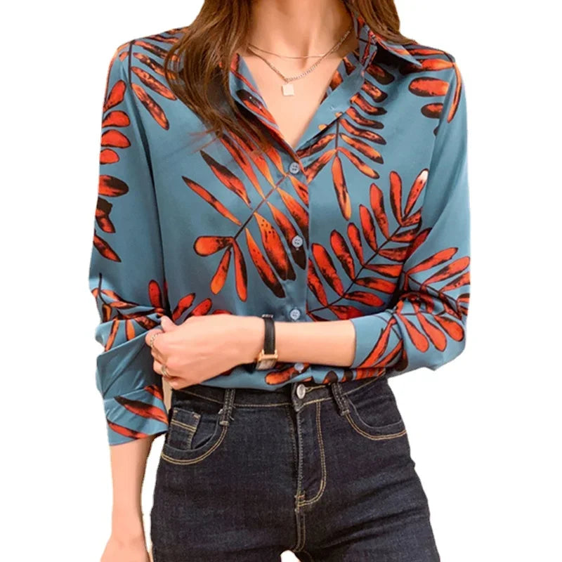 Roxana - langärmelige Bluse mit Blattdruck